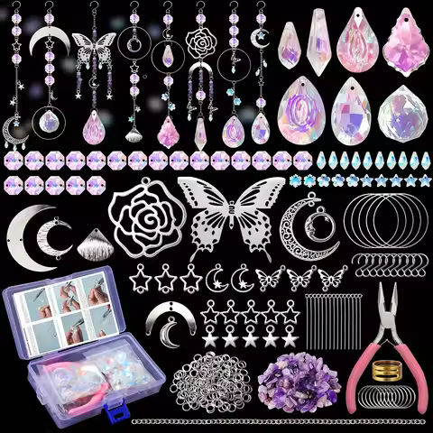 377 pieces DIY crystal catcher rainbow crafting kit, featuring butterfly, rose flowers, light-catchi