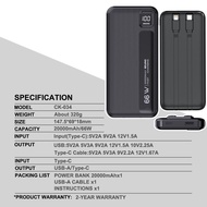 【รับประกัน 2 ปี】Neeize PowerBank 20000mAh ของแท้ 100% ชาร์จเร็ว PD66W QC3.0 มาพร้อมสายเคเบิลข้อมูล(i