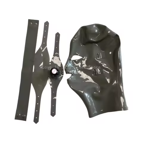 Silver Latex Hood with Buttons, Open Mouth Eyes Nostrils, 1 Silver Eye Mask, 1 Silver Mouth Gag, 1 S