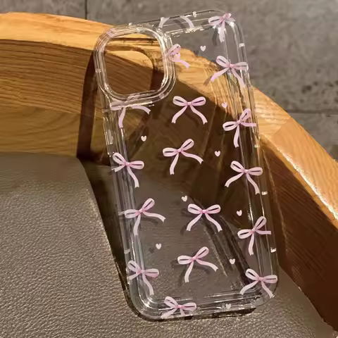Cute Pink Black Heart Bow Phone Case For iPhone 16 15 14 13 12 11 Pro Max 7 8 Plus XS Max Shockproof