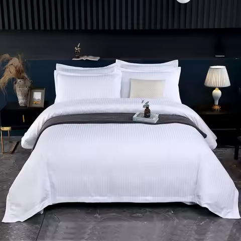 3Pcs White Satin Stripe Hotel Style Duvet Cover Set, Breathable Soft Fabric, 1 Duvet Cover 2 Pillowc