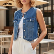 Lovito Women's Button Front Pocket Metal Denim Summer/Spring Top LNM66069