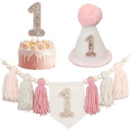 Pink 1st Birthday Decoration High Chair Banner for Girl 1st Birthday Crown Cake Topper First Party D
