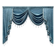 European Blue Chenille Swag Valance with Beads Luxury Fancy Look Waterfall Valance for Bedroom Living Room Scalloped Curtain Topper Rod Pocket