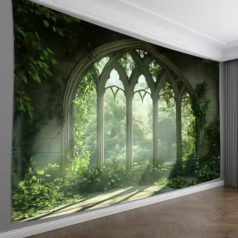 Gothic Window Landscape Tapestries Wall Hanging-Lush Green Mural Polyester Living Room Bedroom Decor