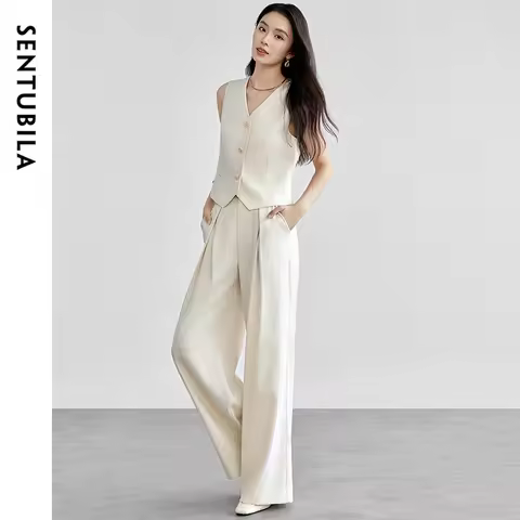 SENTUBILA Women's Pant Sets Slim Crop Vest Linen Blend Folds High-waist Wide-leg Pant New In Matchin
