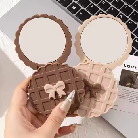 1PCS Waffle Shape Slide Double-Sided Makeup Mirror Portable Compact Pocket Hand Personalized Beauty 