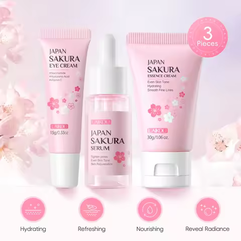 LAIKOU Japan Sakura Skincare Set Hydrating Anti-Aging Brightening Eye Cream Serum Essence Cream 3pcs