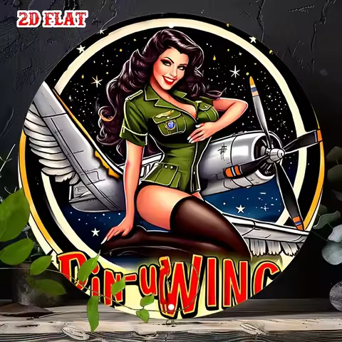 2D Flat 1pc Vintage Metal Sign Pin-up Style Aviation Girl with Vintage WWII Aircraft in a Nostalgic 