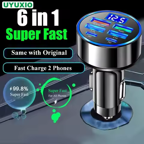 UYUXIO 6 in 1 Multi Port USB C Car Charger Adapter with Volt Meter Fast Charge with Voltage Display 