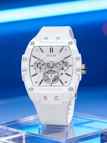 GUESS Watches for Men Original Luxury Skeleton White Tonneau Multifunction Quartz Chronograph Silico