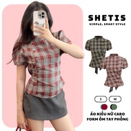 Women's Slim Form Checkered Blouse with Puff Sleeves and Tie Waist, High Collar Checkered Blouse wit