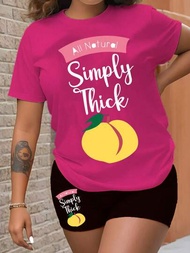 SHEIN SXY 大尺碼夏季休閒水果和字母印花短袖T恤和短褲套裝