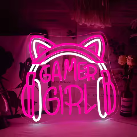 Gamer Girl Neon Sign For Wall Decor Cat Headset Led Lights Game Room Decoration For Home Bedroom Bar