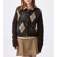 Pre Order - Puff knit argyle crew neck cardigan GU