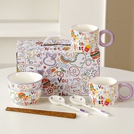 Set Bát Đĩa Sứ Regala Decor - Bộ Sứ Cao Cấp Hoạt Hình Graffiti Khủng Long Đáng Yêu -  Kèm Hộp Quà Tặ