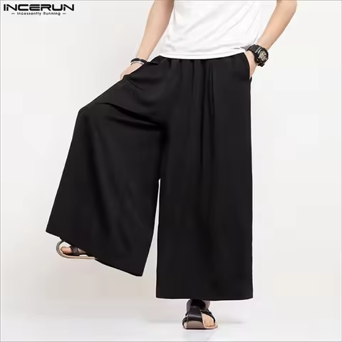 INCERUN Men Wide Leg Pants Solid Color Loose Joggers Elastic Waist Trousers Men Streetwear Vintage 2