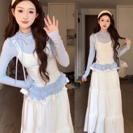 Top Long Sleeve Slim Fit 2in1Wanita Whitebiru / Top Korean StyleELEGAN with Ruffle Casual Top/ Top/ 