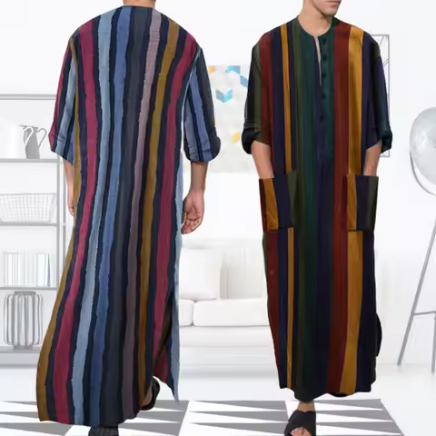 Men Arabian Striped Shirt Nightgown Robes Ethnic Clothing Long Sleeves Retro Kimono House Skirt Cott
