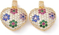 Brass Cubic Zirconia Pendants, with Jump Ring, Long-Lasting Plated, Heart, Colorful, 30x24x9.5mm, Ho