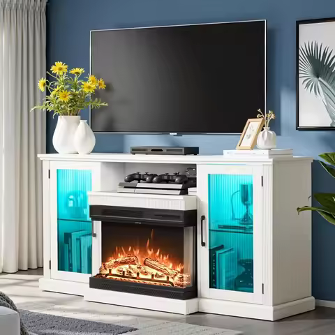 3-Sided Glass Fireplace TV Stand,Stripe Glass Door,Up to 65" TV,24" Electric Fireplace,2-Color LED V