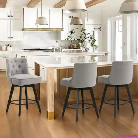 26" Swivel Counter Height Bar Stools Set of 3, Modern Bar Stools Round Footrest,Linen Fabric Upholst