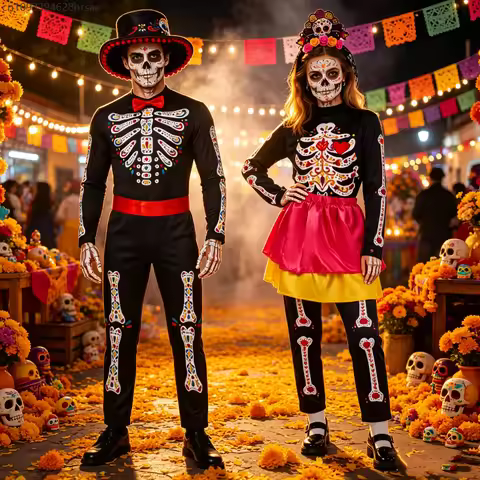 Adult Day of the Dead Couple Cosplay Costume Mexican Sugar Skull Skeleton Printed Outfit Halloween C