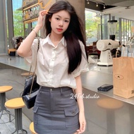 Women's rough-cut shirt short sleeve rabbit embroidery Korean minimalist style Adorable20s AK74