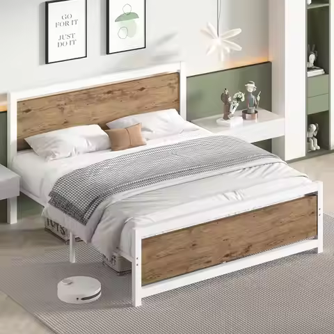 Queen Size Bed Frame, Queen Size Bed Frame with Wood Headboard, Queen Bed Frame with Strong Steel Sl