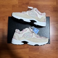 Chanel正品香奈兒徽標粗花毛呢運動鞋 女款 粉米色 38碼