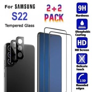 AOE - (2+2套裝) 三星 S22 鋼化玻璃貼, 黑邊全屏 9H 級耐刮花 + 黑色鋼化玻璃後鏡頭保護蓋, 超薄0.15mm支持指紋解鎖, 高清無氣泡手機貼, 保護貼 2+2 雙重全面保護套裝, 三星 Samsung Galaxy S22 6.1"專用