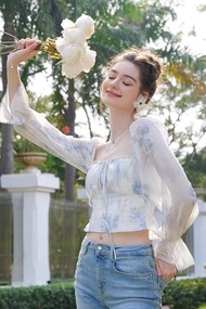 Rixo Dore French Retro Square ปกเสื้อ เสื้อเชิ้ตแขนยาว ผ้าชีฟอง เรียบหรู ลายดอก Unique ดีไซน์ Sensat