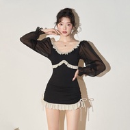 Rococo [Galaxy Comic] One-Piece Swimsuit Women Black Slimmer Look Cover Belly Small Breasts Gathering Hot Spring Swimwear