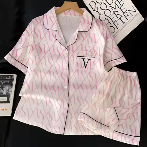 Summer New Women's Advanced Sense of Ice Silk Pajamas Homewear Set Girls Pajamas Temperament Short-S