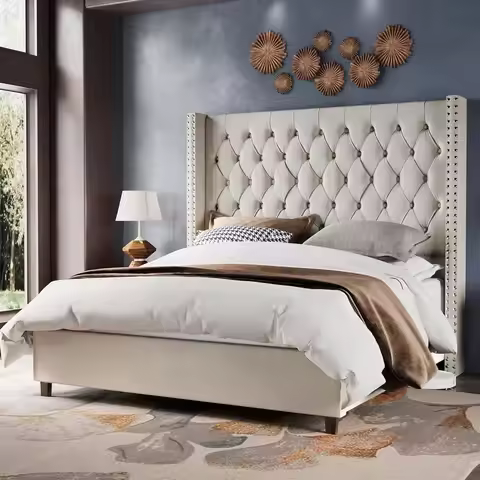 Velvet Upholstered Bed Frame King Size 61.4" Tall Headboard King Bed Frame