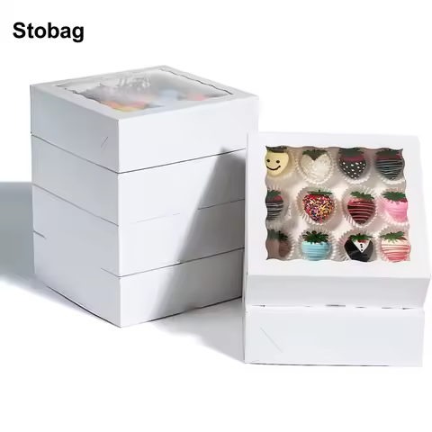 StoBag 20pcs White/Black/Kraft paper Gift Box with Window Packaging for Chocolate Cake Doughnut Stor