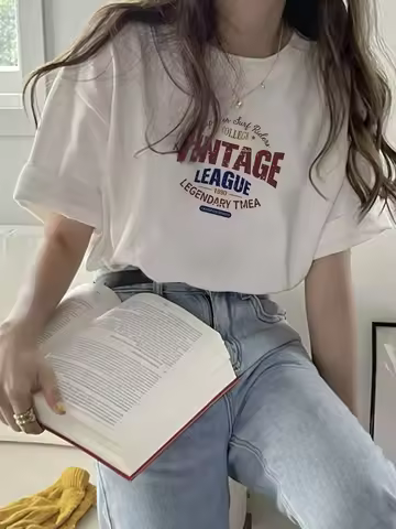 Vintage League Letter Print Womens T-Shirts Summer Fashion Cotton Tops Comfortable O-Neck Short Slee