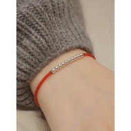 S999 Sterling Silver Transfer Beads Red String Bracelet Female Braided Simple Benming Year Red Hand 
