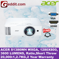 ACER S1386WH WXGA 3600 LUMENS SHORT THROW PROJECTOR (FREE HDMI CABLE)