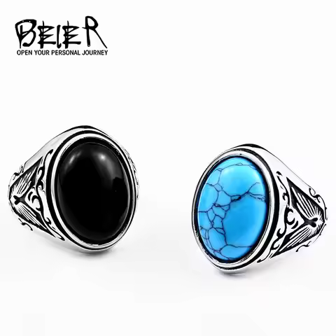 BEIER 2018 Natural Oval Opal Green Stone Ring Stainless Steel Vintage Nobel Palace Product For Woman