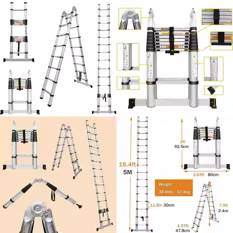 16.4ft Aluminum Telescopic Extension Ladder 2-in-1 A-Frame Ladder or Straight Ladder, 8+8 Steps Adju