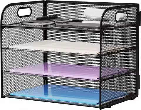 4-Tier Mesh Desk File Organizer with Handle, Letter/A4 Paper Sorter, Black