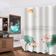 Punch-free Chinese Lotus anti-mildew shower curtain waterproof shower curtain cloth partition toilet curtain door curtain bathroom curtain