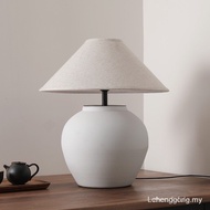【In Stock】SANDYHA Ceramic Table Lamp Vintage Black and White Wabi-Sabi Fabric Lampshade LED Desk Lam