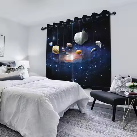 2pcs Cosmic Galaxy Planets Curtains Galaxy Whale Children Room Bedroom Window Decorations Room Black