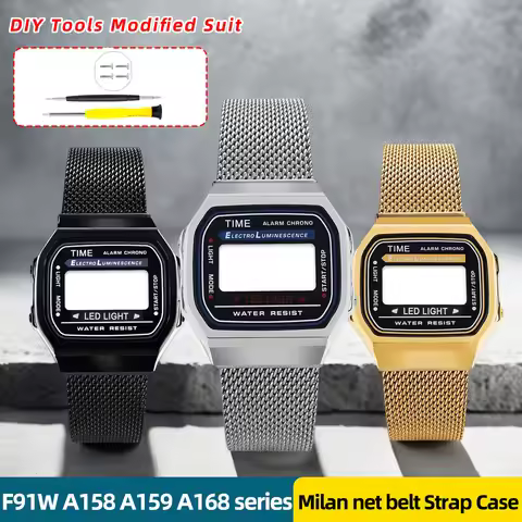 A168 Stainless Steel Metal Case Mod Kit For Casio F91W A158 A159 A168 Series Bezel Milan Net Belt St