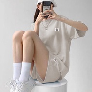 Classic Women Sports Set Plain T-shirt/Drawstring Shorts Korean Women 2-piece Set Basic Women Top+Sh