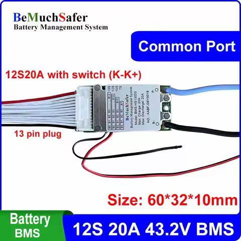 12S 20A 15A 43.2V Battery BMS 12S15A 12S20A Common Port With On/Off Switch Temperature Sensor for DI
