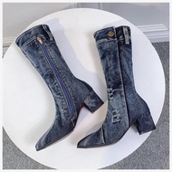 COD Sexy Cowboy Boots Women's Mid-Tube Boots Zipper High Heel Women's Shoes Fashion Cowboy Boots Wom