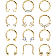 REVOLIA 12Pcs 16G Cincin Septum Keluli Pembedahan untuk Wanita Lelaki Cincin Septum Horseshoe Hoop C